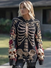 billige Halloween Bluse og Skjorter-Dame Genser søt stil Gatemote Fritid Grafisk Skjelett Crew-hals Lapper Strikket Langermet Vanlige topper Strikke Halloween Svart Rosa Høst Vinter