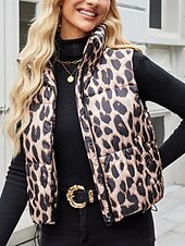 levne Vesty-Dámské Neformální bunda Kamizelka Pohodlné Prodyšné Kapsy Tisk Na běžné nošení Leopard Dovolená ulice Ležérní Denní nošení Zip Krátké Stojáček Běžný Bez rukávů Svrchní oděvy Bílá Žlutá Jaro Podzim