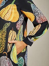 cheap Casual Dress-Women&#039;s Black Pumpkin Print Shirt Dress V Neck Loose Fit Asymmetrical Hem Split Design Elegant Stylish Daily Work Party Fall