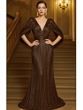 voordelige Zeemeermin Avondjurken-Gouden Sequin A-Lijn Avondjurk Elegante Jurk Formele Bruiloft Vloerlengte Korte Mouwen V-Hals Capes Lurex Stof met Plooien