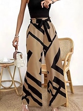 cheap Wide Leg &amp; High Waisted-Women's Culottes Wide Leg Chinos Streetwear Casual Full Length Medium Waist Geometric Pattern Elastic Waist Comfortable Micro-elastic Daily Outdoor Street Brown Spring Fall Loose Fit