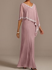 voordelige Vloerlengte-Sheath Moeder van de Bruid Jurk Bruiloft Gast Elegante V Hals Vloerlengte Chiffon Halve Mouw met Bewerking gratis op maat