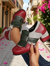 preiswerte Retro-Stil der 1950er Jahre-Damen-Oxfords im Retro-Stil der 1950er Jahre mit T-Riemen und Blockabsatz und Fransen, einzigartiges Farbblockdesign für den Freizeit-, Alltags- und Streetstyle.