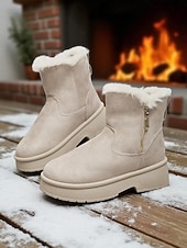 abordables Bottes de neige et d&#039;hiver-Bottes de neige décontractées en similicuir pour femme avec fermeture éclair latérale et bordure en fourrure – chaussures d&#039;hiver confortables et décontractées