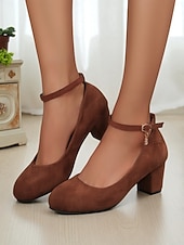 abordables Block Heels-Escarpins Mary Jane à talon carré en daim rose pour femme – bout rond, bride cheville et pendentif breloque pour le bureau, les soirées en amoureux et au quotidien