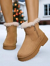 abordables Bottes de neige et d&#039;hiver-Bottes de neige décontractées en similicuir pour femme avec fermeture éclair latérale et bordure en fourrure – chaussures d&#039;hiver confortables et décontractées