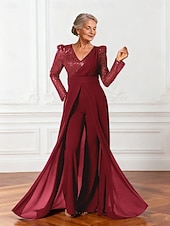abordables Combinaisons pour maman-Combinaisons Robe de Mère de Mariée  Élégant Éclat &amp; Brillance Col en V Longueur au sol Chiffon manche longue avec Ceinture / Ruban Paillettes
