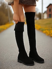 levne Módní boty-Dámské černé kozačky nad kolena – zimní boty z umělé semiše na nízkém podpatku pro streetwear i ležérní outfity