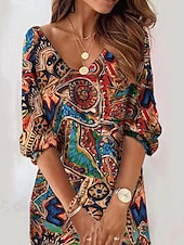 Women's Mini Dress Sheath Dress Shift Dress Party Casual Boho Birthday Daily Cocktail Party Regular Fit Floral Graphic Tribal Long Sleeve V Neck Brown Spring Fall Winter Autumn4
