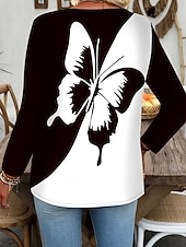 economico Maglietta Animali-Per donna Maglietta Cerniera Stampato Grafico Blocco di colori Farfalla Vintage Elegante Classico Manica Lunga Scollo a V Top Regolari Quotidiano Weekend Bianco e nero Autunno Inverno
