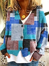 abordables Cardigans et vêtements d&#039;extérieur-Femmes Pull Cardigan Élégant ancien Mode Graphique Géométrique Col ras du cou Col en V Avec Poches Tricoté Imprimé manche longue Hauts Réguliers Tricoter Extérieur Quotidien Week-end Marron Rouge Bleu