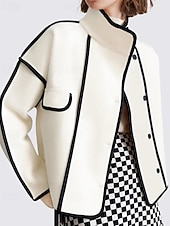 お買い得  ふわふわのスウェットシャツ-女性用 冬物コート ジャケット 保温 快適 ポケット ボタン カジュアル カラーブロック バケーション ストリート お出かけ 週末 レギュラー スタンド レギュラー 長袖 アウターウェア ホワイト コーヒー 秋 冬