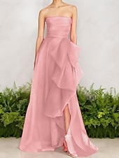 ieftine Rochii lungi și rochii de seară-Rochie de Seară A-Line Stil Celebritate Rochie Elegantă Invitată de Nuntă Lungime Pe Jos Fără Mâneci Un Umăr Organza cu Fustițe Răsucite Fanta