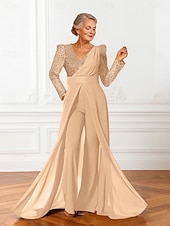 abordables Combinaisons pour maman-Combinaisons Robe de Mère de Mariée  Élégant Éclat &amp; Brillance Col en V Longueur au sol Chiffon manche longue avec Ceinture / Ruban Paillettes