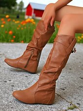 levne Slouch Boots-Dámské Boty Slouchy boty Jezdecké boty Denní Boty do lýtka Přezky Skryté pata Oblá špička Na běžné nošení Denim Umělá kůže Zip Fialová Světle hnědá Tmavěhnědá