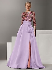 economico Abiti da Sera a Linea A-Abito da Sera A-Line Ricamato Floreale Elegante Formale Matrimonio Lungo Fino al Pavimento Mezza Manica Collo a Camicia di Satin con Fiocco(e) Spacco