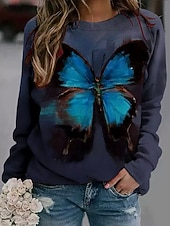 economico Animali Tops-Per donna Pullover Grafico Animale Farfalla Casual Manica Lunga Girocollo Top Regolari Casuale Bianco Blu Blu scuro Autunno Inverno