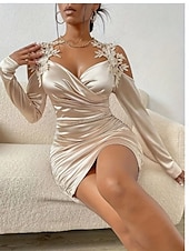 cheap Plain Dress-Valentine's Day Women's Mini Dress Sheath Dress Off The Shoulder Dress Elegant Party Cocktail Outdoor Party Wedding Guest Ruched Regular Fit Solid Color Long Sleeve Strap Black Red Beige