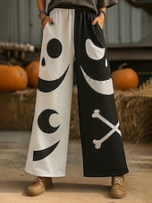 Women's Culottes Wide Leg Vacation Vintage Ethnic Style Full Length High WaistPantsHalloween Graphic Skull Pumpkin Quick Dry Breathability Soft Inelastic Outdoor Vacation Sport Black Orange Summer4
