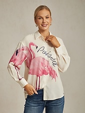 お買い得  シャツ、トップス、ブラウス-フラミンゴプリントのゆったりシャツ