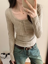 preiswerte Einfarbiges T-Shirt-Damen Bluse Knöpfe Einfarbig Stilvoll Lässig Langarm Rundausschnitt Normale Oberteile Täglich Marineblau Dunkelgray Grau Frühling Herbst Winter