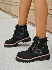 baratos Botas de combate-Botas femininas amarelas com cadarço e painéis de tecido jacquard – calçados estilosos para caminhadas, ideais para outono, inverno e looks casuais para atividades ao ar livre