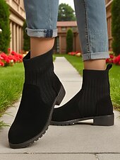 abordables Botines-Botines de ante sintético marrón claro para mujer con caña de punto acanalado: acogedores botines estilo Chelsea para otoño e invierno, ideales para looks informales.