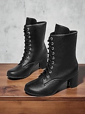 baratos Botas de tornozelo-Botas femininas de couro sintético com cadarço e salto grosso, estilo vintage, perfeitas para looks casuais e retrô.