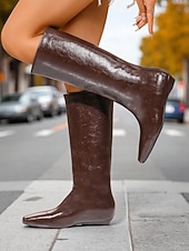abordables Bottes à la mode-Bottes hautes en similicuir marron pour femme - Bottes plates brillantes de style mod pour le streetwear d&#039;automne et le quotidien