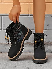 baratos Botas de combate-Botas femininas amarelas com cadarço e painéis de tecido jacquard – calçados estilosos para caminhadas, ideais para outono, inverno e looks casuais para atividades ao ar livre