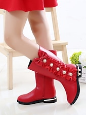 voordelige Kinderlaarzen-Rode kniehoge laarzen voor meisjes met strik en kantversiering - elegante schoenen met parelknoop voor kerstfeestjes voor kinderen, vakantie-outfits