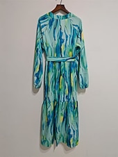 abordables Robes fleuries décontractées-Femmes Robe Midi Robe Décontractée Robe Imprimée Élégant Mode Moderne Extérieur Quotidien Sortir Coupe régulière Graphique manche longue Col en V Bleu Printemps Automne