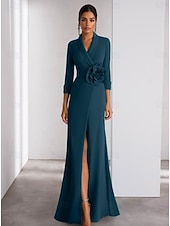billiga Kjolklänningar för kväll-A-linjeformad aftonklänning Elegant klänning formell bröllop golvlängd lång ärm skjortkrage stretch crepe med slits axelblomma