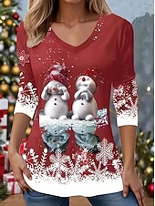 abordables Hauts de Noël-Noël Femmes T-shirt Graphique Bonhomme de neige ancien Élégant Classique manche longue Col en V Hauts Réguliers Quotidien Imprimé Gris / Rouge Noir + blanc + rouge Noir Vin Rouge Printemps Automne