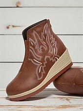 levne Kotníkové boty-Dámské hnědé kotníkové boty na klínku – vyšívané kozačky z umělé kůže na platformě pro běžné nošení a boho outfity