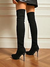 זול מגפי אופנה-מגפי אופנתיים שחורים סריג מעל הברך עם עקב סטילטו לנשים - מגפיים אלגנטיים נמתחים עד הירכיים למסיבות ערב, מועדונים ואירועים רשמיים