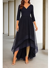 preiswerte Lässige / Tageshochzeit-High-Low-Kleid Brautkleider A-Linie V-Ausschnitt 3/4-Ärmel Teelänge Stretchstoff Brautkleider mit Rüschen 2025
