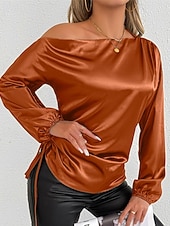 voordelige Elegante topjes-Dames Overhemd Satijnen overhemd Effen Kleur Stijlvol Casual Lange mouw koude schouder Normale tops Dagelijks Uitgaan Asymmetrisch Geel Bruin Lente Herfst