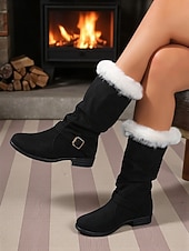 זול סלוץ&amp;#39; בוטס-מגפיים שחורים לנשים, דמוי עור, רפויים עד אמצע השוק – מגפי חורף חמים עם אבזם ופרווה וסוליה נגד החלקה, ללבישה חיצונית וללבוש יומיומי