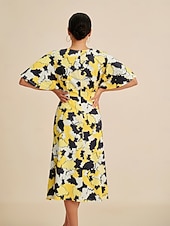 economico Abiti da donna-Femminile Abito Elegante Abito Midi Giallo Manica Corta Astratto Estate Primavera Autunno Scollo a V Elegante Abito elegante S M L