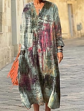 preiswerte Kunst &amp; Design Kleider-Damen Midikleid Sommerkleid A Linie Kleid Urlaub Lässig Boho Ausgehen Strand Lässiger Schnitt Grafik Geometrisch Langarm V Ausschnitt Rosa Blau Purpur Grün Frühling Herbst Winter