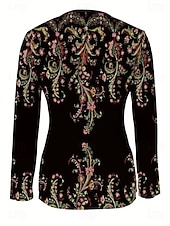 Недорогие Бохо футболка-Женская футболка с короткой молнией на груди длинный рукав повседневная графическая tribal винтажная бохо тропическая гавайская V-образный вырез обычные топы для повседневной носки черная весна осень