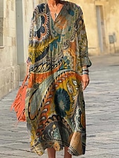 abordables Art &amp; Design Robes-Femmes Robe Midi Robe d&#039;Été Robe trapèze Vacances Occasionnel Boho Sortir Plage Coupe Ample Graphique Géométrique manche longue Col en V Rose Claire Bleu Violet Claire Marron Printemps Automne Hiver
