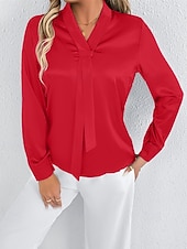 economico Top eleganti-Per donna Camicia Camicia in raso Tinta unica Elegante Casual Manica Lunga Scollo a V Top Regolari Quotidiano Uscire Nodo frontale Rosa Rosso Primavera Autunno