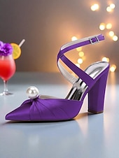 cheap Cocktail-Women&#039;s Blue Satin Block Heel Pumps with Pearl Detail and Ankle Strap - Elegant Pointed Toe Shoes for Formal Occasions and Cocktail Parties