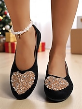 cheap Women&#039;s Christmas Shoes-Women&#039;s Burgundy Faux Suede Flats with Sparkly Heart Rhinestone Design – Chic Dress Shoes for Ladies, Great for Christmas Parties and Daily Outfits