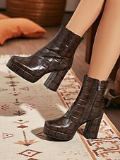 abordables Bottes-Bottines à plateforme en similicuir marron pour femme, effet croco, talon bloc, style rétro avec fermeture éclair latérale, idéales pour les fêtes, le streetwear et les tenues automne-hiver