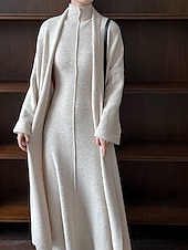 cheap Plain Pullover-Women&#039;s Long Dress Maxi Dress Knit Dress Casual Dress Dress Set Elegant Fashion Modern Outdoor Daily Going out Regular Fit Plain Long Sleeve Stand Collar Beige Winter Autumn