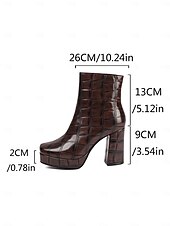 abordables Bottes-Bottines à plateforme en similicuir marron pour femme, effet croco, talon bloc, style rétro avec fermeture éclair latérale, idéales pour les fêtes, le streetwear et les tenues automne-hiver