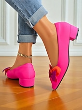זול Block Heels-נעלי בלט ורודות לוהטות עם עקב נמוך ופפיון תלת-ממדי לנשים - נעלי בלט חמודות בגווני צבע למסיבות, דייטים ותלבושות יומיומיות